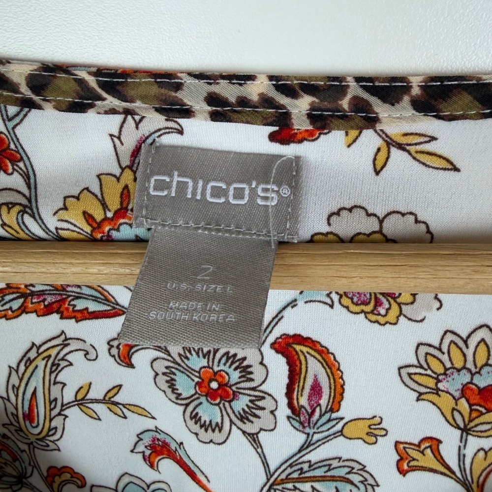 Chicos Mixed Print Blouse Size 2 Large Leopard Floral Paisley Stretch Boho Comfy - Picture 5 of 8